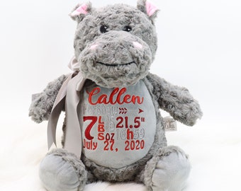 Personalized Stuffed Animal, Personalized Hippo, Birth Stat Animal, Embroidered Stuffed Animal, Birth Announcement, Embroidered Animal