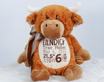 Personalized Stuffed Animal, Personalized Highland Cow, Birth Stats Animal, Embroidered Stuffed Animal, Birth Announcement, Embroidered Cow