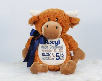 Personalized Stuffed Animal, Personalized Highland Cow, Birth Stats Animal, Embroidered Stuffed Animal, Birth Announcement, Embroidered Cow