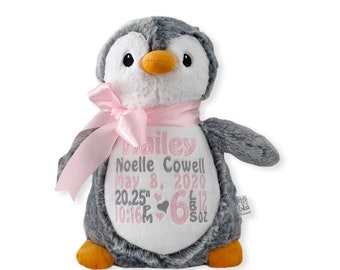 Personalized Stuffed Animal, Personalized Penguin, Birth Stats Penguin, Embroidered Stuffed Animal, Birth Announcement, Embroidered Animal