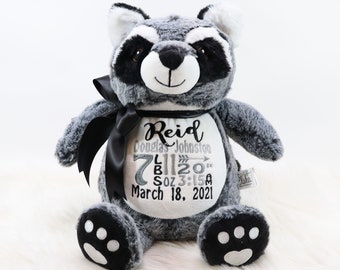 Personalized Stuffed Animal, Personalized Raccoon, Birth Stat Animal, Embroidered Stuffed Animal, Birth Announcement, Embroidered Animal