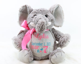 Personalized Stuffed Animal, Personalized Elephant, Birth Stat Animal, Embroidered Stuffed Animal, Birth Announcement, Embroidered Animal