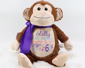 Personalized Stuffed Animal, Personalized Monkey, Birth Stat Animal, Embroidered Stuffed Animal, Birth Announcement, Embroidered Animal