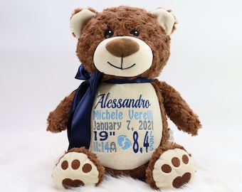 Personalized Stuffed Animal, Personalized Bear, Birth Stat Animal, Embroidered Stuffed Animal, Birth Announcement, Embroidered Animal, Brown