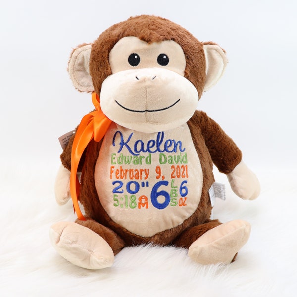 Personalized Stuffed Animal, Personalized Monkey, Birth Stat Animal, Embroidered Stuffed Animal, Birth Announcement, Embroidered Animal