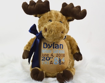 Personalized Stuffed Animal, Personalized Moose, Birth Stat Animal, Embroidered Stuffed Animal, Birth Announcement, Embroidered Animal