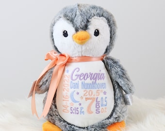 Personalized Baby Gift, Stuffed Animal, Personalized Penguin, Birth Stats Penguin, Embroidered Stuffed Animal, Embroidered Animal