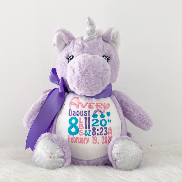 Personalized Stuffed Animal, Personalized Unicorn, Birth Stat Animal, Embroidered Stuffed Animal, Birth Announcement, Embroidered Animal