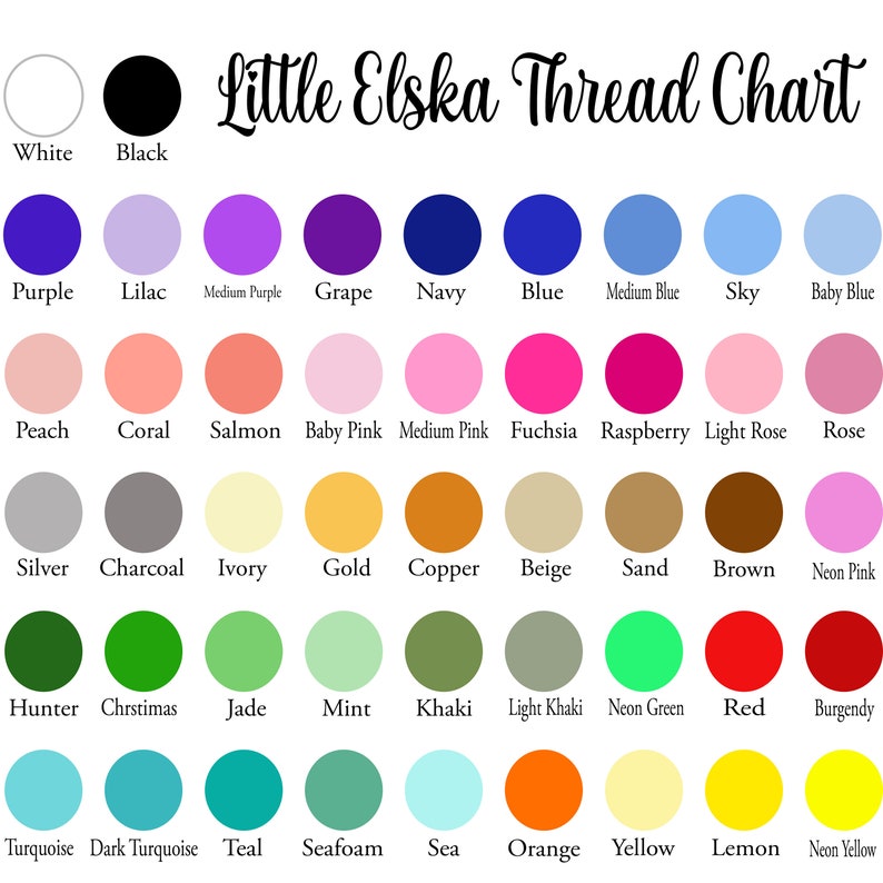 May include: A color chart labeled "Little Elska Thread Chart" with a variety of thread colors. The chart includes colors like white, black, purple, blue, pink, green, and yellow. Each color is displayed in a small circle with its name below.