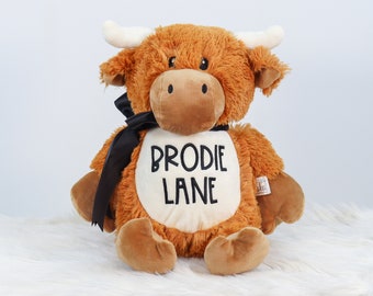 Personalized Stuffed Animal, Personalized Highland Cow, Birth Stats Animal, Embroidered Stuffed Animal, Birth Announcement, Embroidered Cow