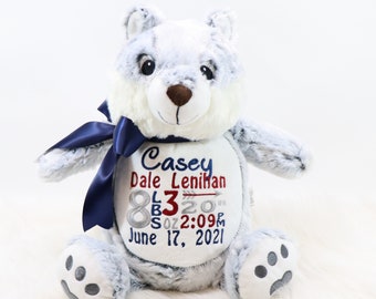 Personalized Stuffed Animal, Personalized Wolf, Birth Stat Animal, Embroidered Stuffed Animal, Birth Announcement, Embroidered Animal