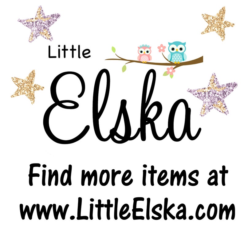 May include: White background with the word "Elska" in large, black cursive letters. The word "Little" is above it. The image includes gold and purple glitter stars and a branch with two owls.