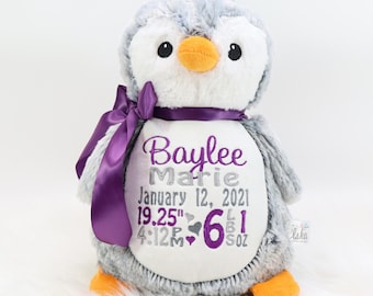 Personalized Stuffed Animal, Personalized Penguin, Birth Stats Penguin, Embroidered Stuffed Animal, Birth Announcement, Embroidered Animal