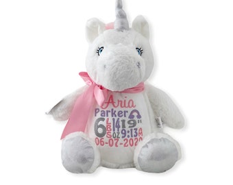 Personalized Stuffed Animal, Personalized Unicorn, Birth Stat Animal, Embroidered Stuffed Animal, Birth Announcement, Embroidered Animal