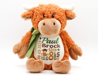 Personalized Stuffed Animal, Personalized Highland Cow, Birth Stats Animal, Embroidered Stuffed Animal, Birth Announcement, Embroidered Cow
