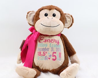 Personalized Stuffed Animal, Personalized Monkey, Birth Stat Animal, Embroidered Stuffed Animal, Birth Announcement, Embroidered Animal