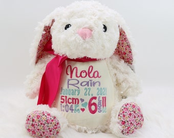 Könnte beinhalten: Ein weißes Plüschkaninchen mit rosa Nase und fuchsiafarbenem Band. Das Kaninchen hat Ohren und Pfoten mit Blumenmuster. Auf dem Bauch des Kaninchens sind der Name "Nola Rain", das Geburtsdatum, die Uhrzeit, die Länge (51 cm) und das Gewicht (2,72 kg) gestickt.
