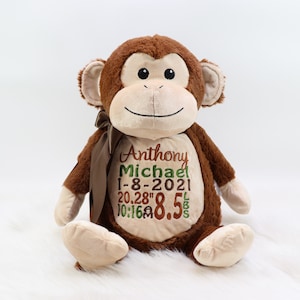 Personalized Stuffed Animal, Personalized Monkey, Birth Stat Animal, Embroidered Stuffed Animal, Birth Announcement, Embroidered Animal