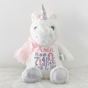 Personalized Stuffed Animal, Personalized Unicorn, Birth Stat Animal, Embroidered Stuffed Animal, Birth Announcement, Embroidered Animal image 1