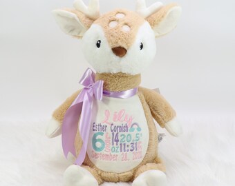 Personalized Stuffed Animal, Personalized Deer, Birth Stat Animal, Embroidered Stuffed Animal, Birth Announcement, Embroidered Animal