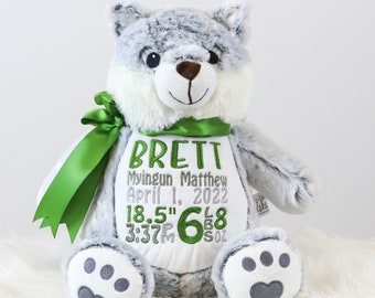 Personalized Stuffed Animal, Personalized Wolf, Birth Stat Animal, Embroidered Stuffed Animal, Birth Announcement, Embroidered Animal