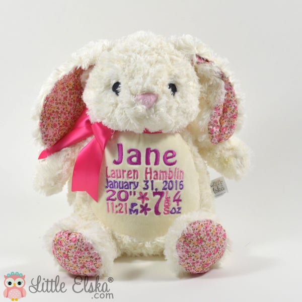 Personalized Stuffed Animal, Personalized bunny, Birth Announcement, Embroidered Stuffed Animal, Personalized Keepsake, New Baby Gift