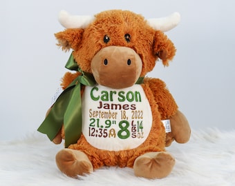 Personalized Stuffed Animal, Personalized Highland Cow, Birth Stats Animal, Embroidered Stuffed Animal, Birth Announcement, Embroidered Cow