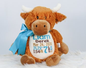 Personalized Stuffed Animal, Personalized Highland Cow, Birth Stats Animal, Embroidered Stuffed Animal, Birth Announcement, Embroidered Cow