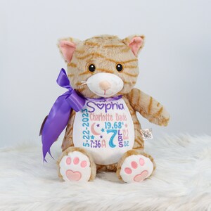 Peluche personnalisée, Chat personnalisé, Statistiques de naissance, Peluche brodée, Faire-part de naissance, Peluche brodée pour chariot