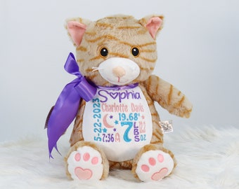 Personalized Stuffed Animal, Personalized Cat, Birth Stats Animal, Embroidered Stuffed Animal, Birth Announcement, Embroidered Cart Stuffie