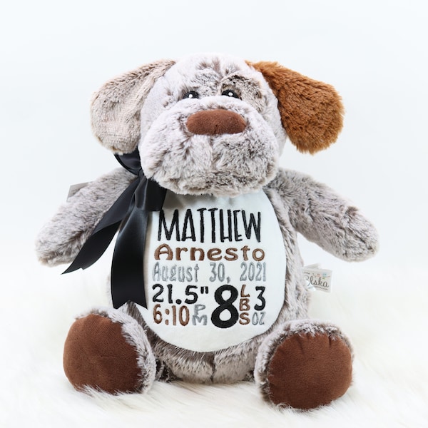 Personalized Stuffed Animal, Personalized Puppy Dog, Birth Stat Animal, Embroidered Stuffed Animal, Birth Announcement, Embroidered Animal