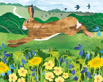 May include: A brown hare leaps through a field of yellow and blue wildflowers. The hare is in mid-air, with its legs extended. The background is a green field with a winding path and a blue sky with white clouds.