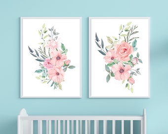 Set de acuarelas florales imprimibles en rosa suave, flores de acuarela rosa, arte infantil con flores suaves, imprimible para guardería, imprimibles florales en rosa para niña