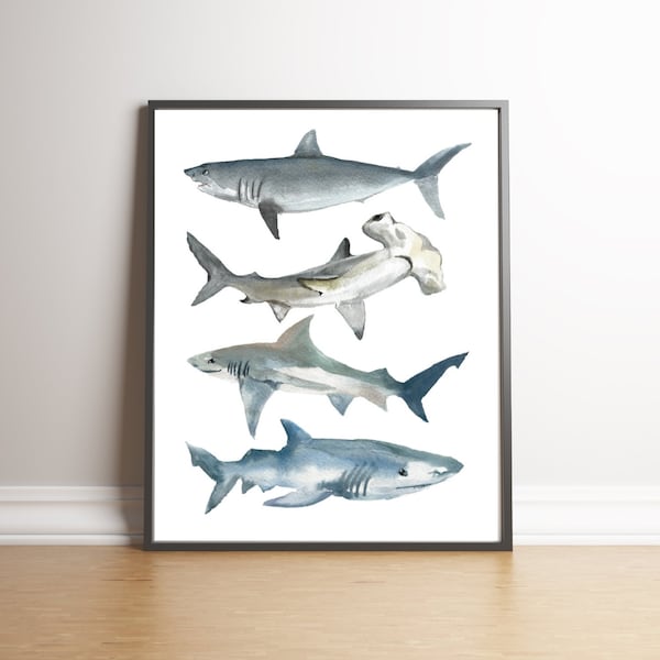 Shark Print, Shark Nursery, Shark Watercolor, Boys Shark Room, Shark Poster, Coastal Nursery, Shark Art, Shark Decor for Boys Room, Shark