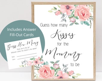 Guess How Many Kisses Baby Shower Game Digital Print, Floral Baby Shower Game, Blush Flower Baby Shower Guessing Game, Kisses Game Shower