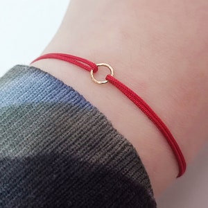 14K YELLOW GOLD FILL Hammered Karma Red String Bracelet Amulet Kabbalah Protection Friendship Gift Couple Dainty Surfer Healing Women Men