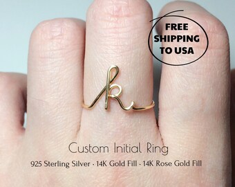 FREE SHIPPING  14K Gold Filled Custom Initial Ring 925 Sterling Silver Letter Stack Ring Name Ring Personalized Bridesmaid Christmas Gift