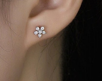 Flower 925 Sterling Silver AAA+ CZ Diamond Cubic Zirconia Stud Earrings Dainty Post Minimal April Birthstone Wedding Gift Birthday Christmas