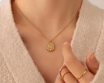 Gold Layering Necklace Embossment Meteorite Coin Pendant Chain 18K Solid Gold Hypoallergenic Medallion Baroque Christmas Valentine Women