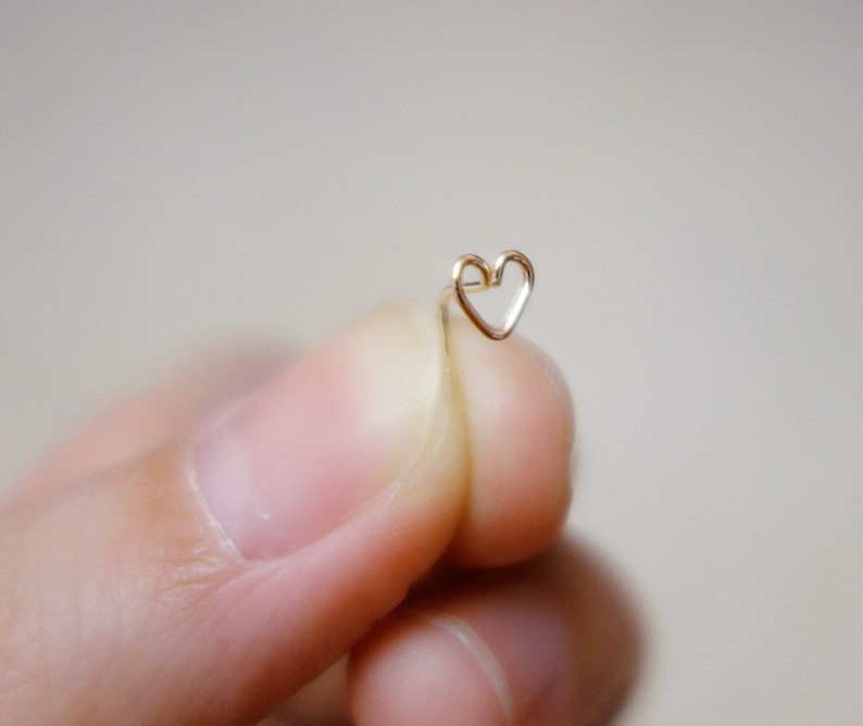 May include: A delicate gold heart-shaped nose ring.