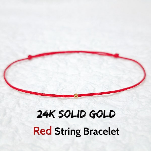 VÉRITABLE OR MASSIF 24K Bracelet à cordes rouges Amulette en or jaune pur Protection de la Kabbale Cadeau d'amitié Couple chanceux Surfeur délicat Femmes Hommes