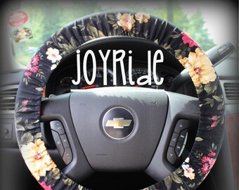 Steering Wheel Cover Black Floral - Cute Car Accessorries Floral Heated Gift for Girls Seat Belt Cover Keychain Christmas Favorite Rose