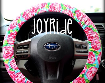 Steering Wheel Cover First Impression Rose w/ Matching Keychain Option - Pink and Turquoise - add Grip Stop Option - Girls Car Accessories