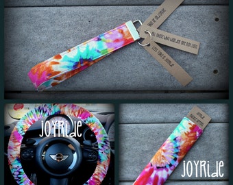 Tye Dye Steering Wheel Cover - Seatbelt Cover - Keychain Set in Tye Dye