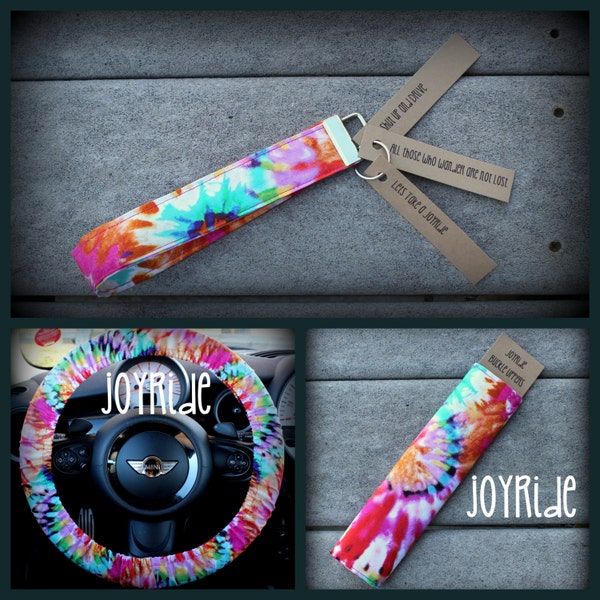 Tye Dye cubierta del volante - Cubierta del cinturón de seguridad - Llavero set en Tye Dye
