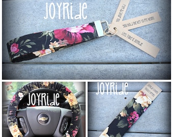 Steering Wheel Cover - Seatbelt Cover - Keychain Set in Black Floral