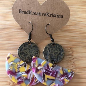 Lightweight acrylic dangle earrings with brass disc