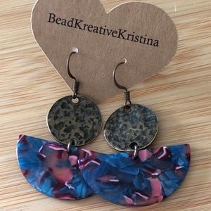 Lightweight acrylic dangle earrings with brass disc