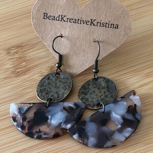 Lightweight acrylic dangle earrings with brass disc. Most requested