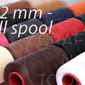 May include: A close-up of spools of 1.2 mm waxed thread in various colors, including pink, cream, brown, dark brown, black, red, orange, green, yellow, and white. The text "1.2 mm - full spool" is visible in the image.